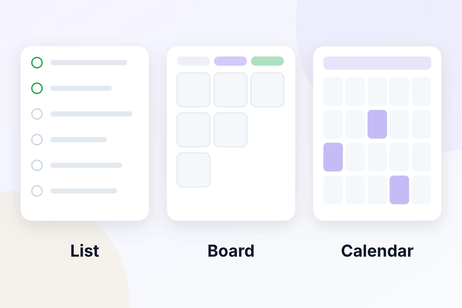 The same tasks shown as a list, a board and a calendar