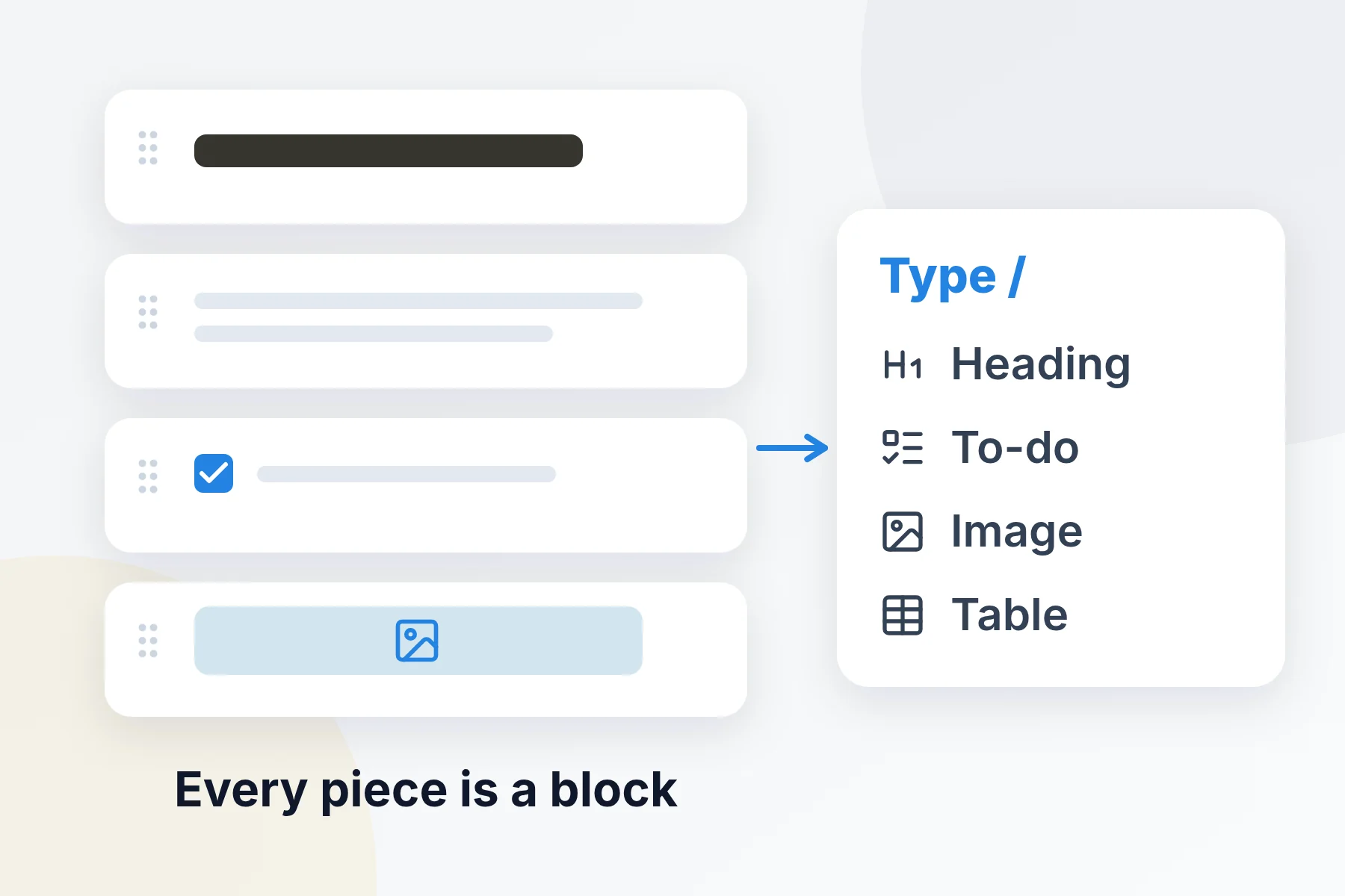 Blocks on a page and the slash menu for adding a new block